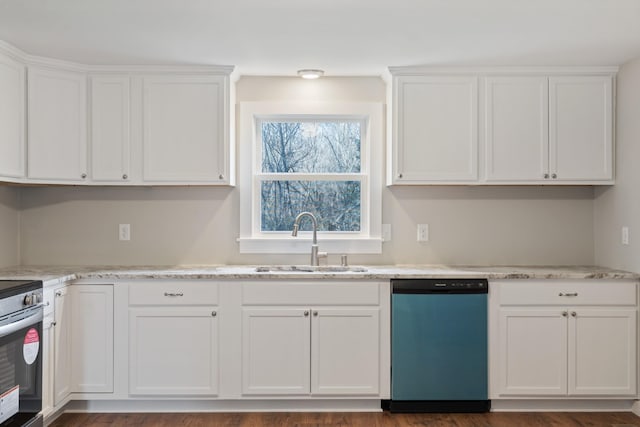 kitchen featuring light stone countertops, dishwasher, white cabinets, and a sink