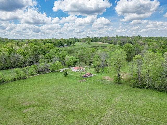 drone / aerial view featuring a rural view and a view of trees