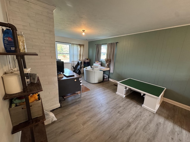 interior space with baseboards, wood finished floors, and wooden walls