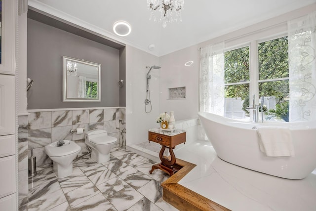 full bath featuring a soaking tub, a bidet, a shower stall, and toilet