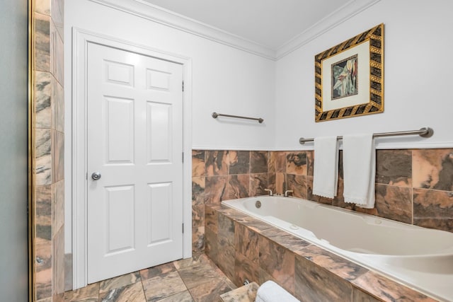 full bathroom featuring crown molding and a bath