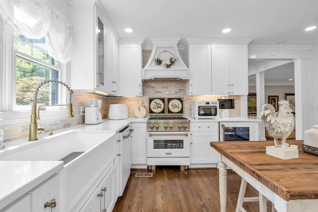 kitchen with a sink, custom range hood, white cabinetry, light countertops, and gas range