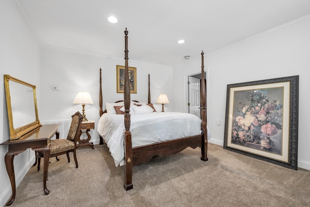 bedroom featuring ornamental molding, recessed lighting, carpet floors, and baseboards