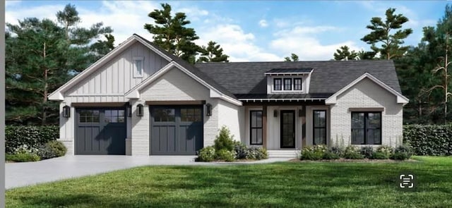 modern farmhouse with brick siding, board and batten siding, a front lawn, and driveway
