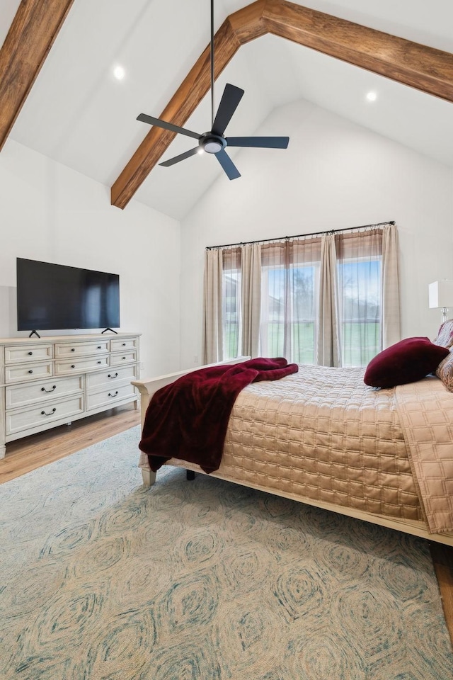 bedroom with recessed lighting, a ceiling fan, high vaulted ceiling, and wood finished floors