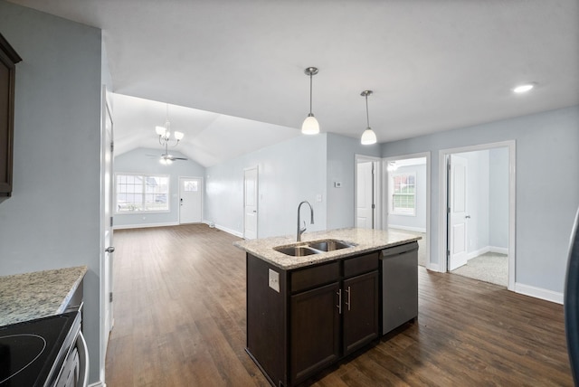 223 Casting Ct, Clarksville, TN 37043 - kitchen with dark brown cabinets, stainless steel dishwasher, baseboards, and a sink