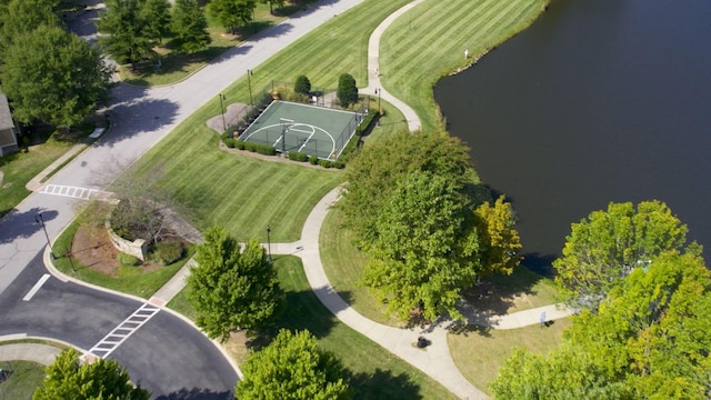 drone / aerial view with a water view
