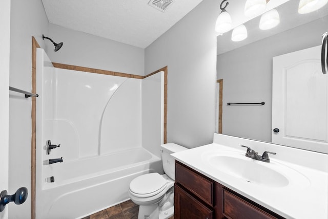 full bath with toilet, visible vents, bathing tub / shower combination, and vanity