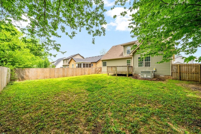 view of yard featuring a fenced backyard, a wooden deck, and cooling unit