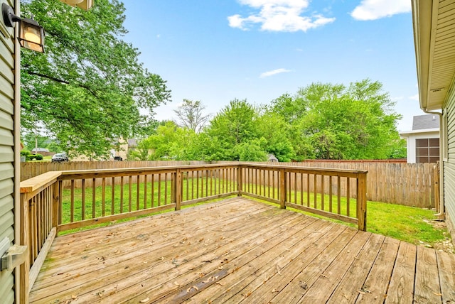 wooden terrace featuring a lawn and a fenced backyard