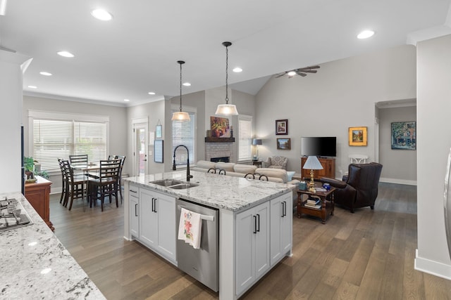 kitchen featuring wood finished floors, appliances with stainless steel finishes, a fireplace, a sink, and a ceiling fan