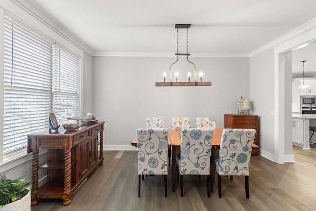 dining room with wood finished floors, crown molding, and plenty of natural light