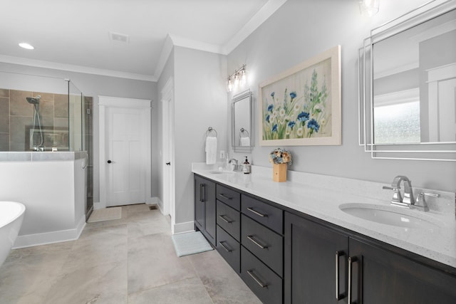 full bathroom featuring double vanity, a shower stall, crown molding, and a sink