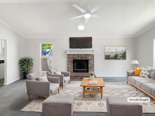 616 Hardin Shire Dr, Old Hickory, TN 37138 - living room with lofted ceiling, ceiling fan, baseboards, ornamental molding, and a brick fireplace