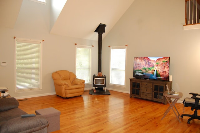 547 Grindstone Hollow Rd, Dickson, TN 37055 - living area featuring high vaulted ceiling, a wood stove, light wood-style floors, and plenty of natural light