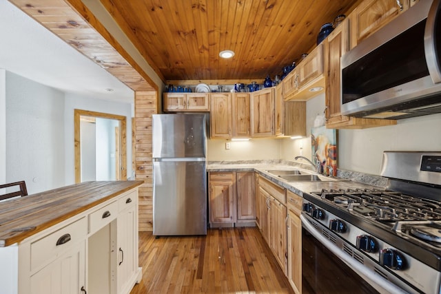 kitchen with butcher block countertops, light wood-style flooring, wood ceiling, stainless steel appliances, and a sink