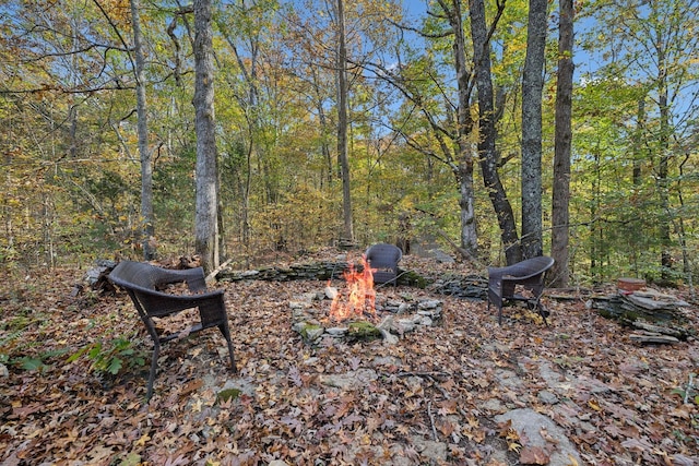 view of yard featuring a fire pit and a wooded view