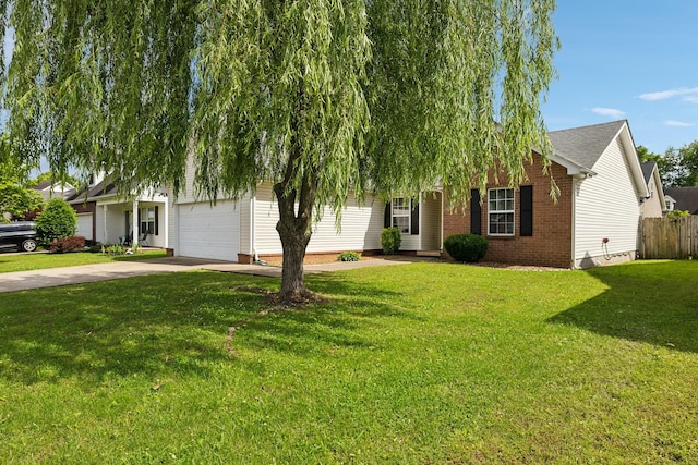 view of property hidden behind natural elements with concrete driveway, an attached garage, roof with shingles, and brick siding