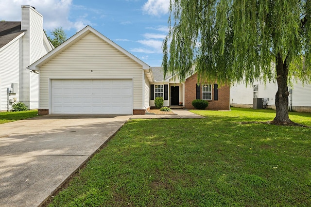 ranch-style home featuring an attached garage, central air condition unit, concrete driveway, a front yard, and brick siding