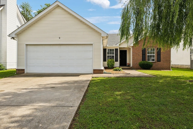 ranch-style house with concrete driveway, an attached garage, a front yard, and brick siding