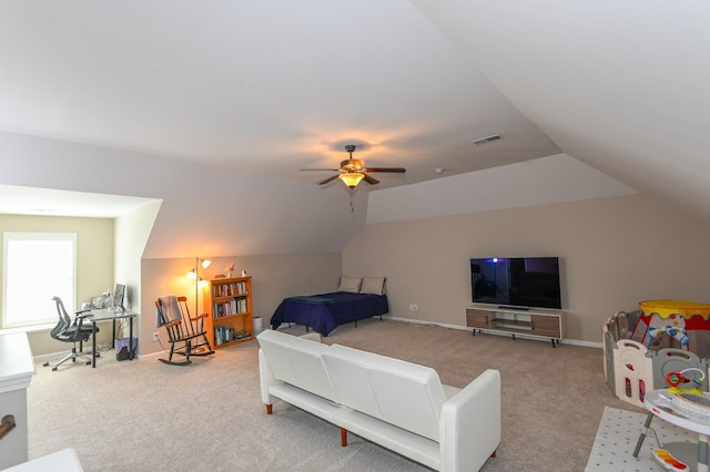 bedroom with visible vents, carpet flooring, ceiling fan, and lofted ceiling