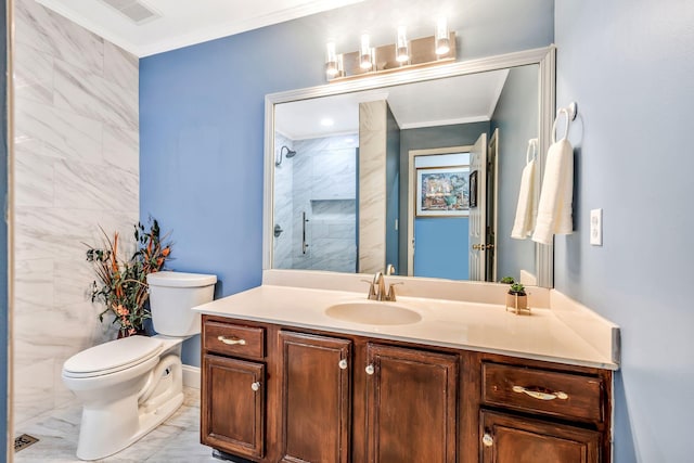 bathroom featuring vanity, crown molding, marble finish floor, toilet, and a tile shower