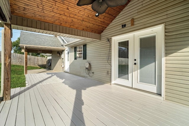 174 Hickory Ln, Jacksboro, TN 37757 - wooden terrace featuring fence, a ceiling fan, and french doors