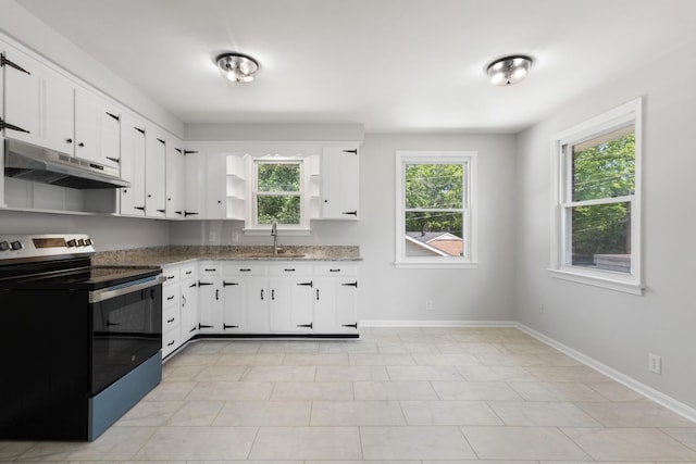 kitchen featuring a sink, plenty of natural light, under cabinet range hood, and stainless steel electric range