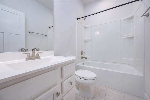 full bath with washtub / shower combination, vanity, toilet, and tile patterned flooring