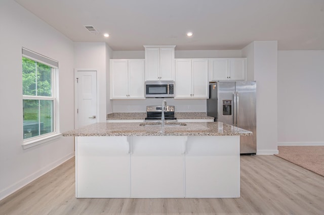 kitchen featuring a kitchen island with sink, stainless steel appliances, white cabinets, a sink, and visible vents