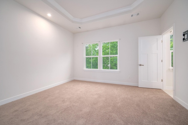 unfurnished room with a wealth of natural light, visible vents, and carpet floors