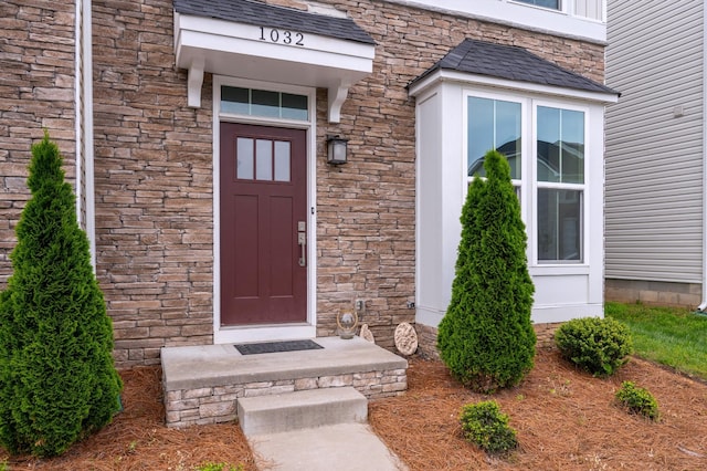doorway to property featuring stone siding