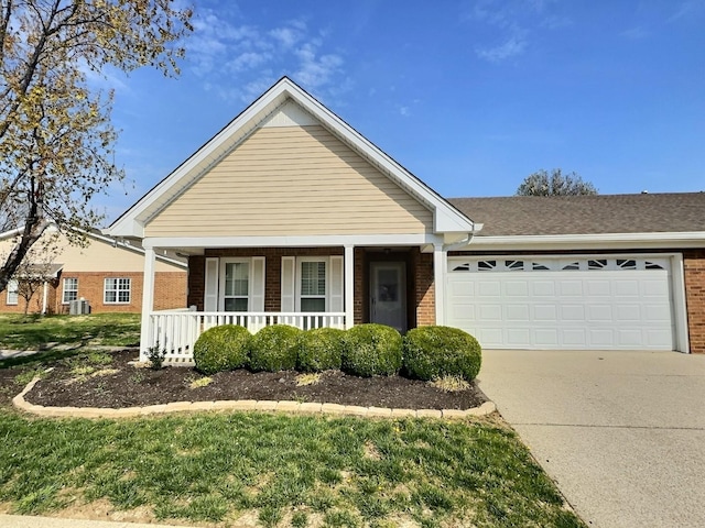 view of front of house featuring covered porch, brick siding, concrete driveway, and an attached garage