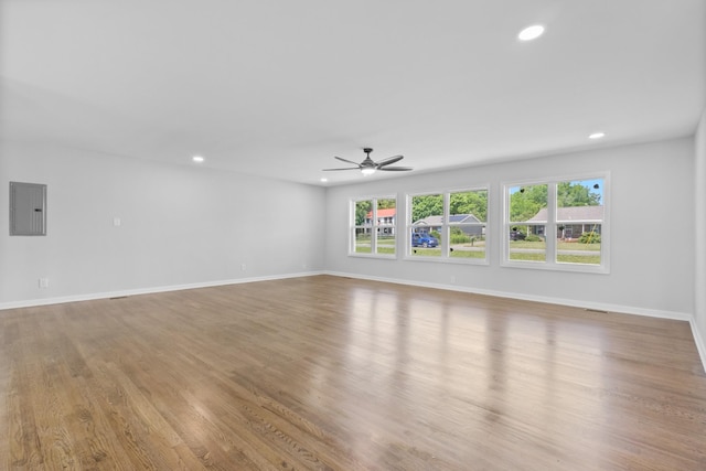 466 Lafayette Rd, Clarksville, TN 37042 - unfurnished living room with recessed lighting, ceiling fan, wood finished floors, and electric panel