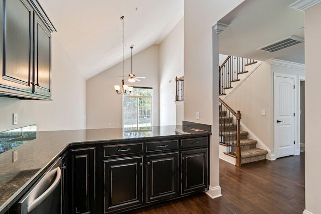 1041 Irish Way, Spring Hill, TN 37174 - kitchen featuring stainless steel dishwasher, visible vents, dark wood-style floors, a peninsula, and a notable chandelier