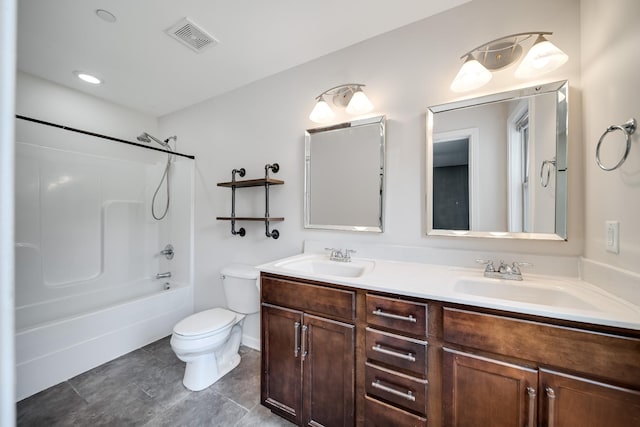 full bathroom featuring a sink, toilet, double vanity, and visible vents
