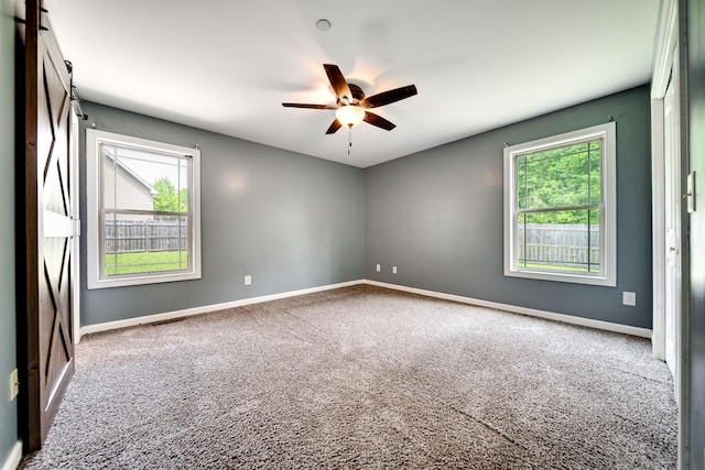empty room with a healthy amount of sunlight, carpet floors, and a barn door