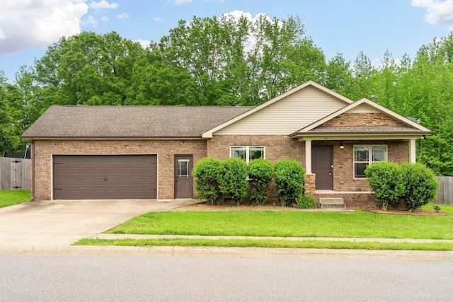 view of front facade with a front yard, a garage, brick siding, concrete driveway, and a shingled roof