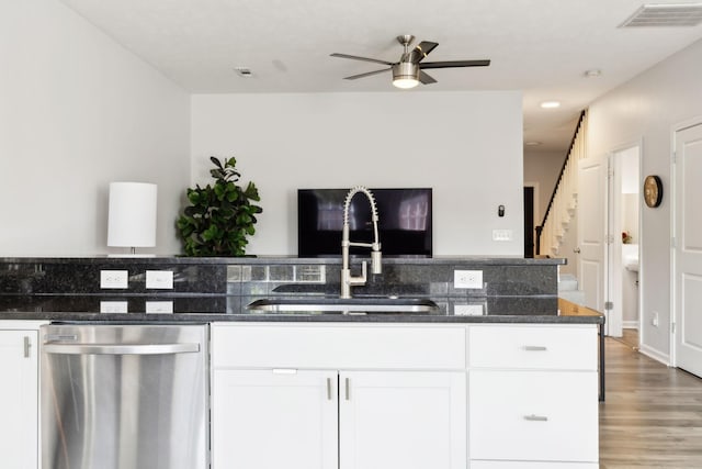 605 Longfellow Ln, Smyrna, TN 37167 - kitchen featuring dark stone counters, stainless steel dishwasher, a sink, visible vents, and a ceiling fan