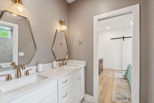 bathroom with a sink, baseboards, double vanity, and wood finished floors