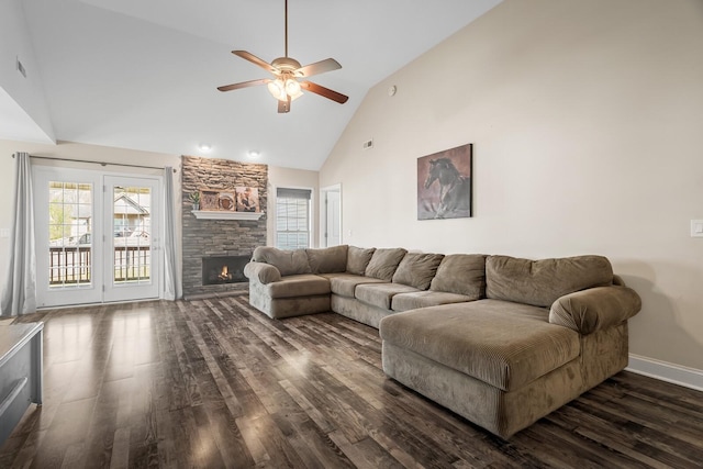 1277 Morstead Dr, Clarksville, TN 37042 - living area featuring ceiling fan, baseboards, dark wood-style flooring, a fireplace, and high vaulted ceiling
