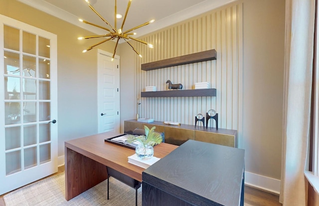 home office with recessed lighting, a notable chandelier, wood finished floors, and baseboards