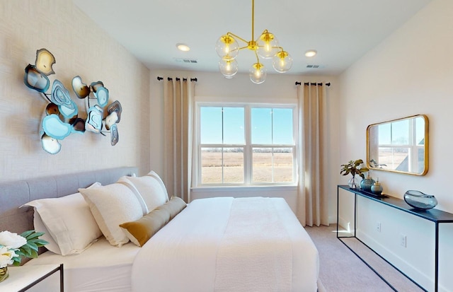 bedroom with recessed lighting, an inviting chandelier, visible vents, and light colored carpet