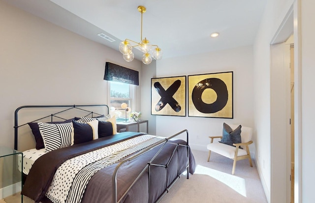 bedroom featuring recessed lighting, light carpet, baseboards, visible vents, and a notable chandelier