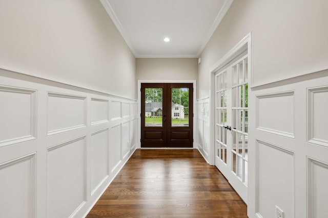 8020 Traditions Ln, Columbia, TN 38401 - doorway to outside featuring a decorative wall, a wainscoted wall, dark wood-style floors, ornamental molding, and french doors