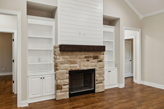 8020 Traditions Ln, Columbia, TN 38401 - unfurnished living room with a fireplace, ornamental molding, dark wood finished floors, and baseboards
