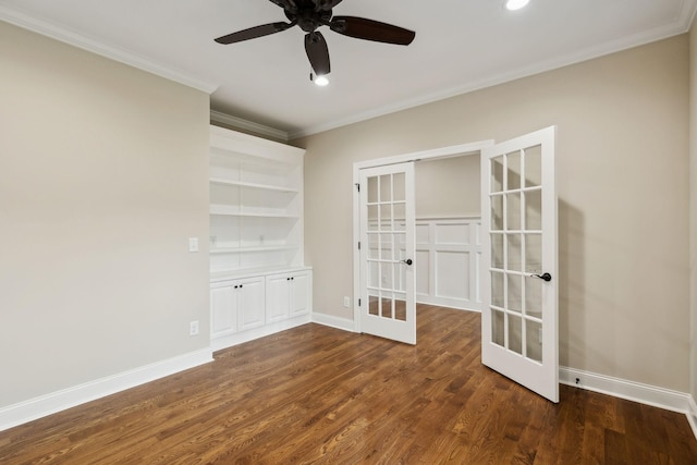 8020 Traditions Ln, Columbia, TN 38401 - unfurnished room featuring crown molding, ceiling fan, baseboards, french doors, and dark wood-type flooring