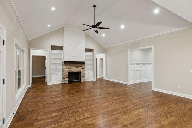 8020 Traditions Ln, Columbia, TN 38401 - unfurnished living room with a ceiling fan, built in features, dark wood-style flooring, and a fireplace