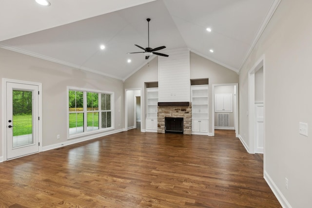 8020 Traditions Ln, Columbia, TN 38401 - unfurnished living room featuring ornamental molding, ceiling fan, dark wood-style flooring, a fireplace, and high vaulted ceiling