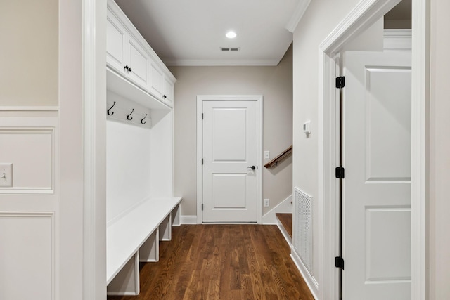 8020 Traditions Ln, Columbia, TN 38401 - mudroom featuring dark wood-style flooring, visible vents, and crown molding